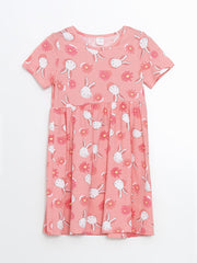LCW Kids Pink Crew Neck Printed Girls' Cotton Dress