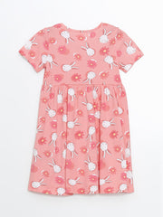 LCW Kids Pink Crew Neck Printed Girls' Cotton Dress