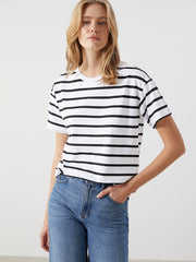 LCW Comfort Black Crew Neck Striped Women T-Shirt