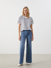 LCW Comfort Black Crew Neck Striped Women T-Shirt