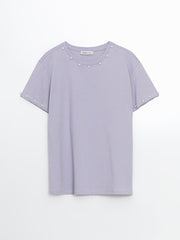 LCWAIKIKI Classic Lilac Crew Neck Beaded Women T-Shirt