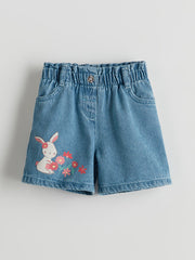 LCW Kids Blue Elastic Waist Printed Girls Jean Shorts
