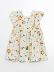 LCW Kids Ecru Square Neck Orange Printed Girl Dress