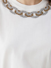 LCW Modest Ecru Crew Neck Embroidered Women T-Shirt