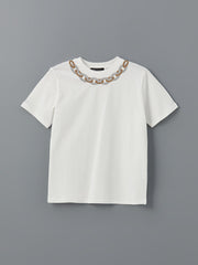 LCW Modest Ecru Crew Neck Embroidered Women T-Shirt