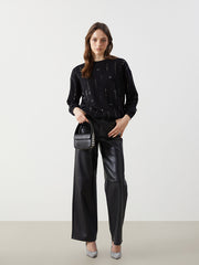 LCW Modest Black Crew Neck Stoned Women Sweatshirt Tunic