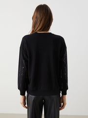 LCW Modest Black Crew Neck Stoned Women Sweatshirt Tunic