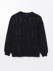 LCW Modest Black Crew Neck Stoned Women Sweatshirt Tunic