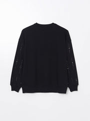 LCW Modest Black Crew Neck Stoned Women Sweatshirt Tunic