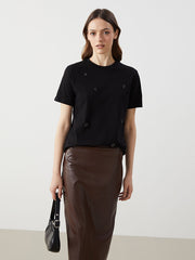 LCW Modest Black Crew Neck Stoned Women T-Shirt