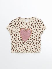 LCW Kids Ecru Crew Neck Printed Girls T-Shirt