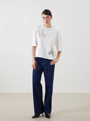 LCW Vision Ecru Crew Neck Embroidered Women T-Shirt