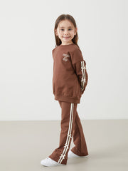 LCW Kids Brown Crew Neck Girl Printed Sweatshirt and Tights 2-Pack