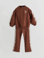 LCW Kids Brown Crew Neck Girl Printed Sweatshirt and Tights 2-Pack