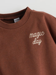 LCW Kids Brown Crew Neck Girl Printed Sweatshirt and Tights 2-Pack