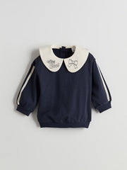 LCW Kids Navy Blue Baby Collar Ribbon Detailed Girls Sweatshirt