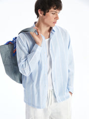 XSIDE White Relaxed Fit Long Sleeve Striped Poplin Men's Shirt