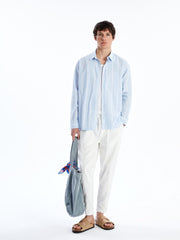 XSIDE White Relaxed Fit Long Sleeve Striped Poplin Men's Shirt