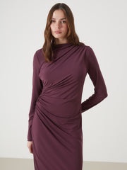 LCW Vision Red Stand Collar Gathered Detail Women Dress