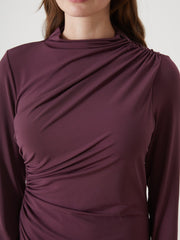 LCW Vision Red Stand Collar Gathered Detail Women Dress