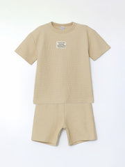 LCW Kids Beige Crew Neck Boy T-Shirt And Shorts