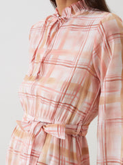 LCW Modest Tie Collar Plaid Ruffle Dress