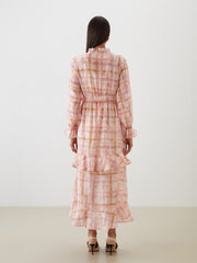LCW Modest Tie Collar Plaid Ruffle Dress