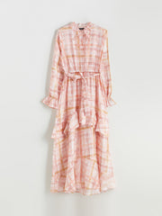 LCW Modest Tie Collar Plaid Ruffle Dress