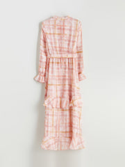 LCW Modest Tie Collar Plaid Ruffle Dress