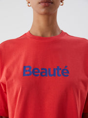 LCW Vision Red Crew Neck Printed Oversize Women T-Shirt