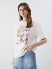 LCW Vision Ecru Crew Neck Printed Oversize Women T-Shirt