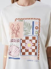 LCW Vision Ecru Crew Neck Printed Oversize Women T-Shirt