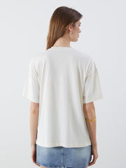 LCW Vision Ecru Crew Neck Printed Oversize Women T-Shirt