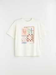 LCW Vision Ecru Crew Neck Printed Oversize Women T-Shirt