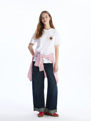 Xside White Crew Neck Teddy Bear Printed Women T-Shirt