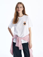 Xside White Crew Neck Teddy Bear Printed Women T-Shirt