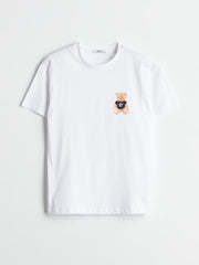 Xside White Crew Neck Teddy Bear Printed Women T-Shirt