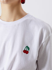Xside White Crew Neck Cherry Embroidered Women T-Shirt