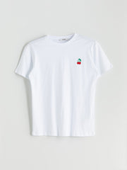 Xside White Crew Neck Cherry Embroidered Women T-Shirt