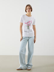 Xside White Crew Neck Rose Printed Women T-Shirt