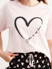 LCW Dream Black Petite Crew Neck Printed Women Pajama Set