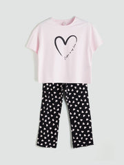 LCW Dream Black Petite Crew Neck Printed Women Pajama Set
