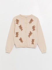 Crew Neck Patterned Long Sleeve Girls Knitwear Cardigan