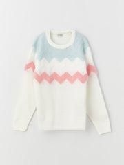 Crew Neck Color Blocked Long Sleeve Girls Knitwear Sweater