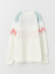 Crew Neck Color Blocked Long Sleeve Girls Knitwear Sweater