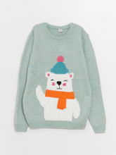 Crew Neck Patterned Long Sleeve Girls Knitwear Sweater