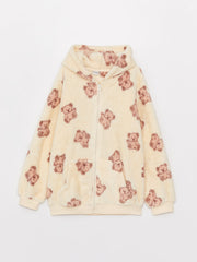 سويت شيرت قطيفة بغطاء للرأس وسوستة بناتي بأكمام طويلة منقوشة