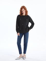 Lcw Vision Black Crew Neck Shiny Stone Printed Women'S Thick Sweatshirt