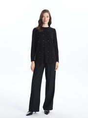 Lcw Grace Black Crew Neck Shiny Stone Printed Women'S Knitwear Sweater