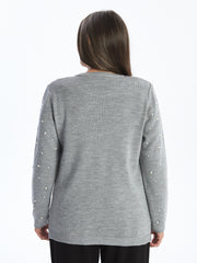 Lcw Grace Gray Crew Neck Shiny Stone Printed Women'S Knitwear Sweater